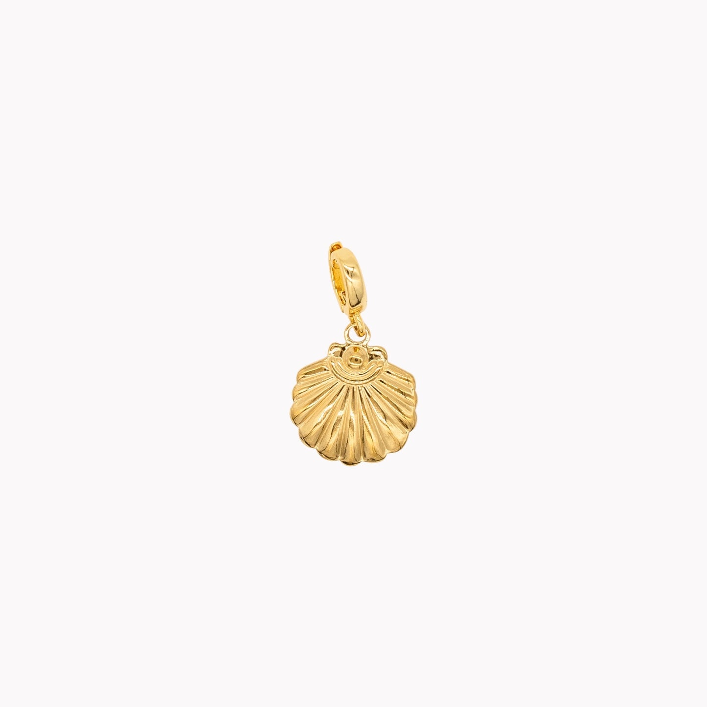 Gold shell pendant on a white background. Clip-on charm that can be opened and closed.