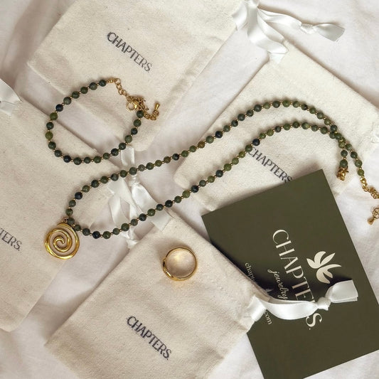 Jewelry set with necklace, bracelet and ring on Chapters jewelry packaging