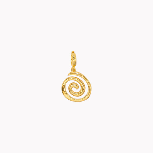 Gold spiral pendant on a white background. Clip-on charm that can be opened and closed.