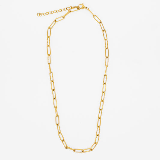 Gold chain necklace with links, on a white background.